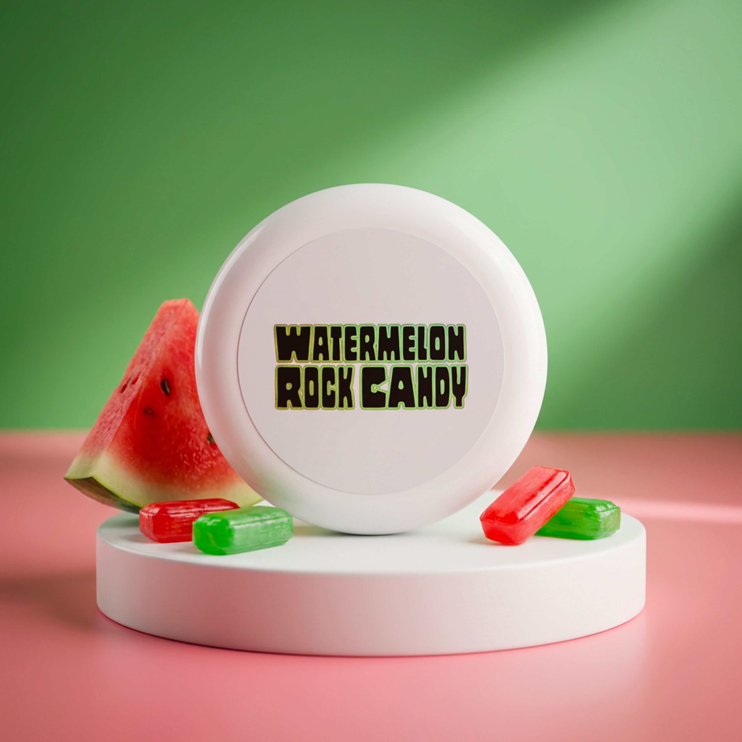 a jar of watermelon rock candy facial fluff next to a slice of watermelon and several red and green jolly rancher candies with a pink and green backdrop